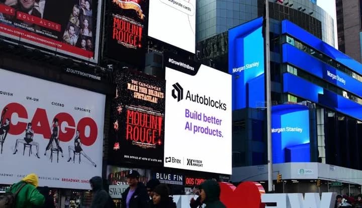 An Autoblocks billboard in Times Square reading Build better AI products