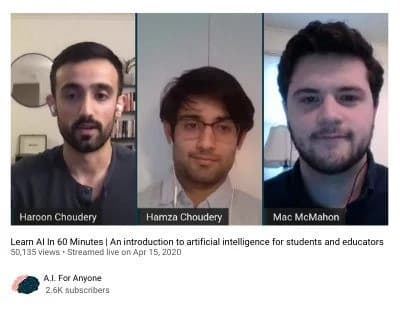 A still from the Learn AI in 60 Minutes livestream, with Haroon, Hamza Choudery and Mac McMahon on camera