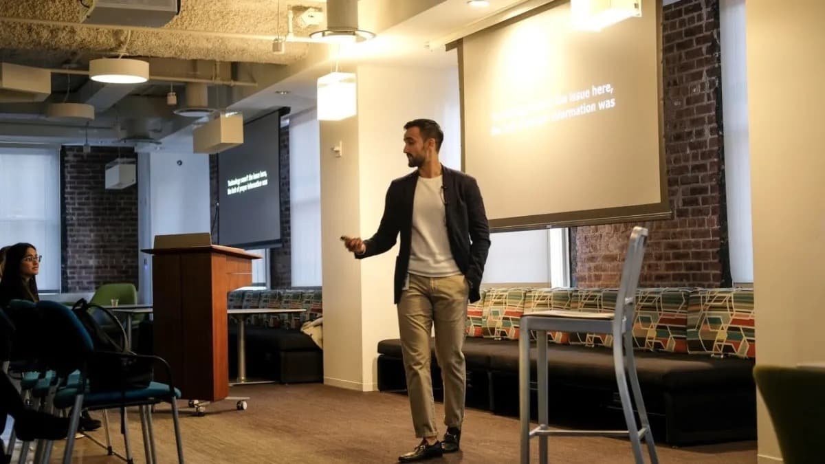 Haroon Choudery presenting to a room